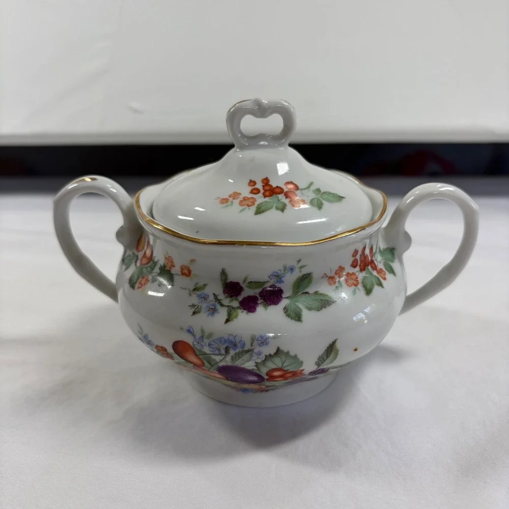 Karolina Poland Porcelain Sugar Bowl and Creamer Set Fruit Floral Gold Trim